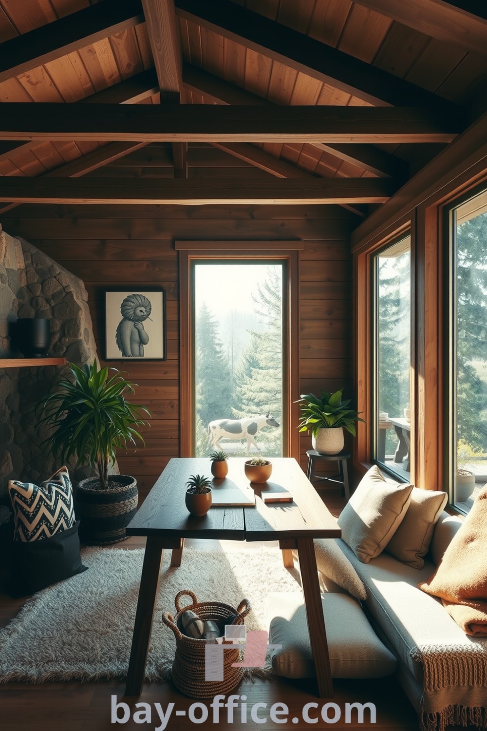 Nature-inspired home office featuring wooden beams, stone wall, and sunlight streaming through large windows, creating a serene and productive workspace. Perfect for inspiring creativity and comfort while working from home. Explore more ideas at bay-office.com.
