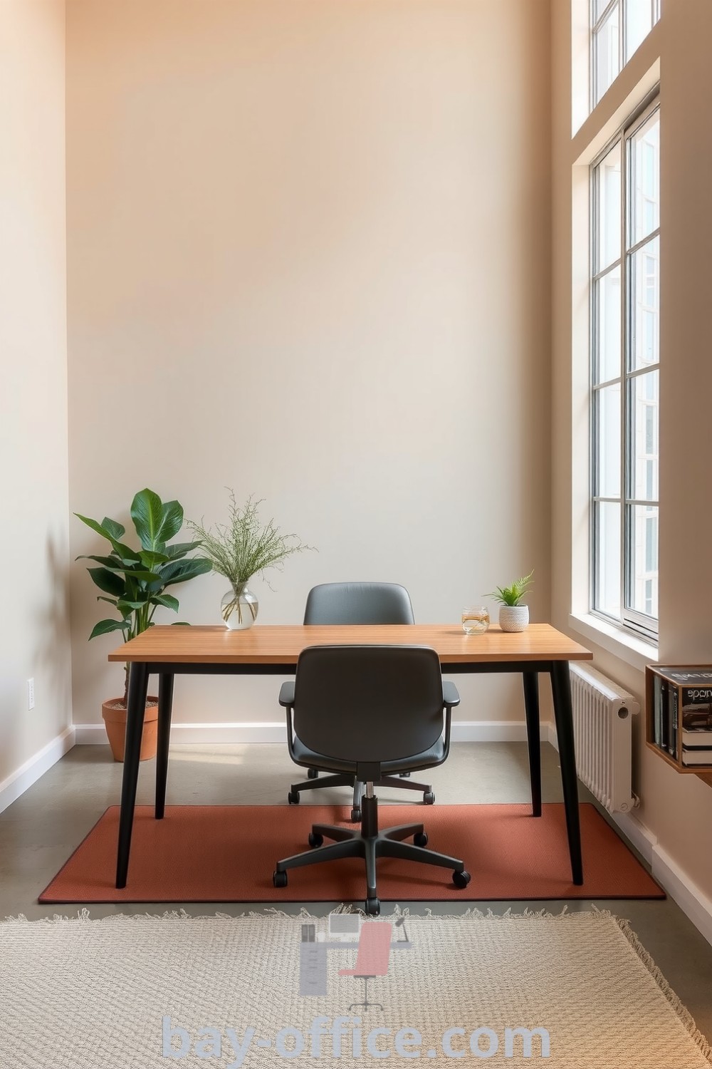 Minimalist corporate office featuring soft beige walls, natural light, wooden desk, and plants, designed to inspire productivity and comfort. Explore more design tips and ideas that will make you love working from home at bay-office.com.