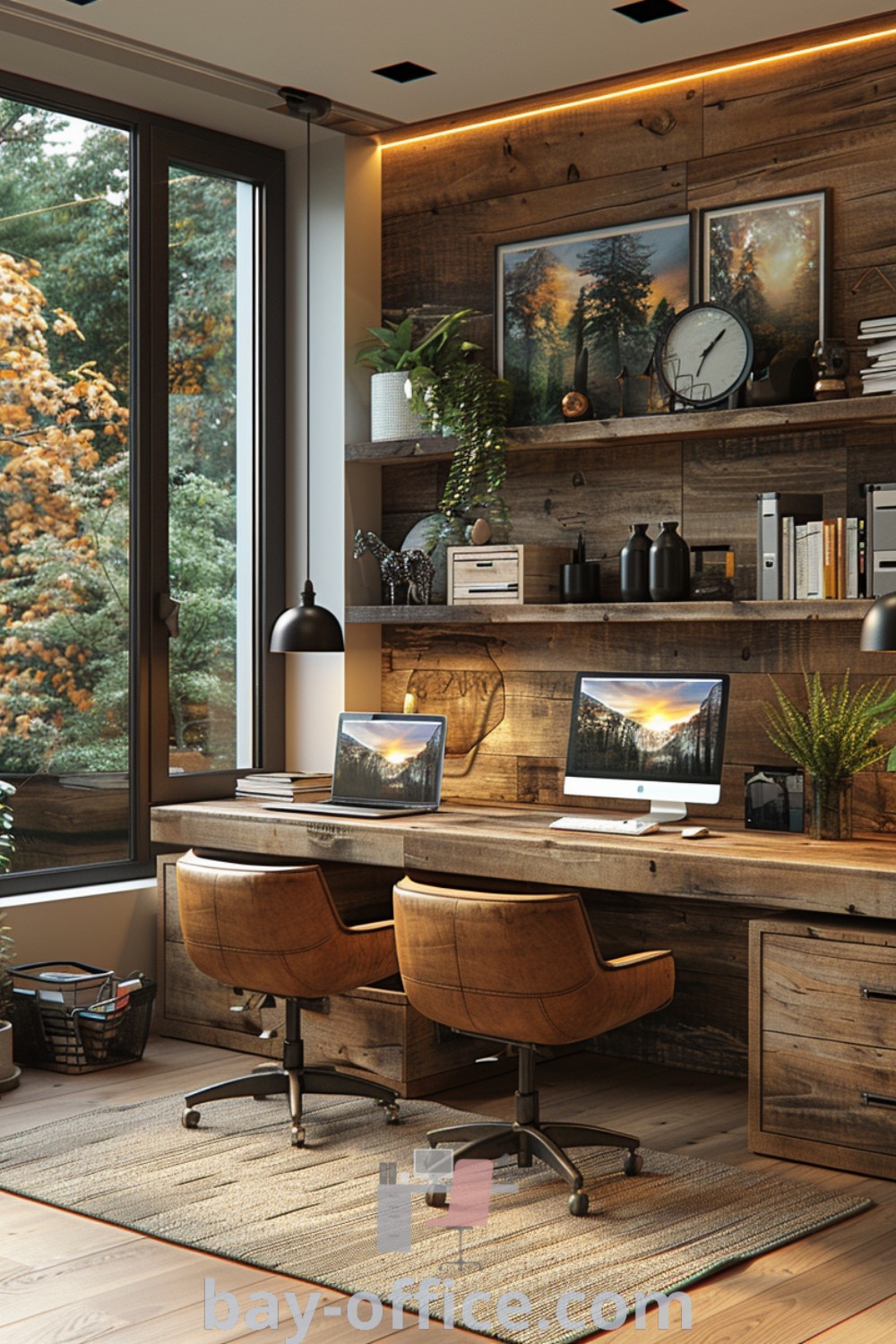 Charming home office for two featuring a brick wall, double monitor setup, and cozy decor ideas for small spaces. Explore barn office ideas and rustic designs that inspire productivity and comfort at bay-office.com.