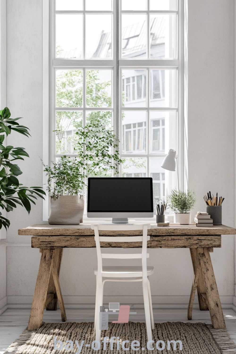 Scandinavian home office featuring white walls, a rustic wooden desk, large windows, a woven rug, and an ergonomic chair with potted greenery, creating a cozy and inspiring workspace for productivity. Discover more cozy aesthetic ideas at bay-office.com.