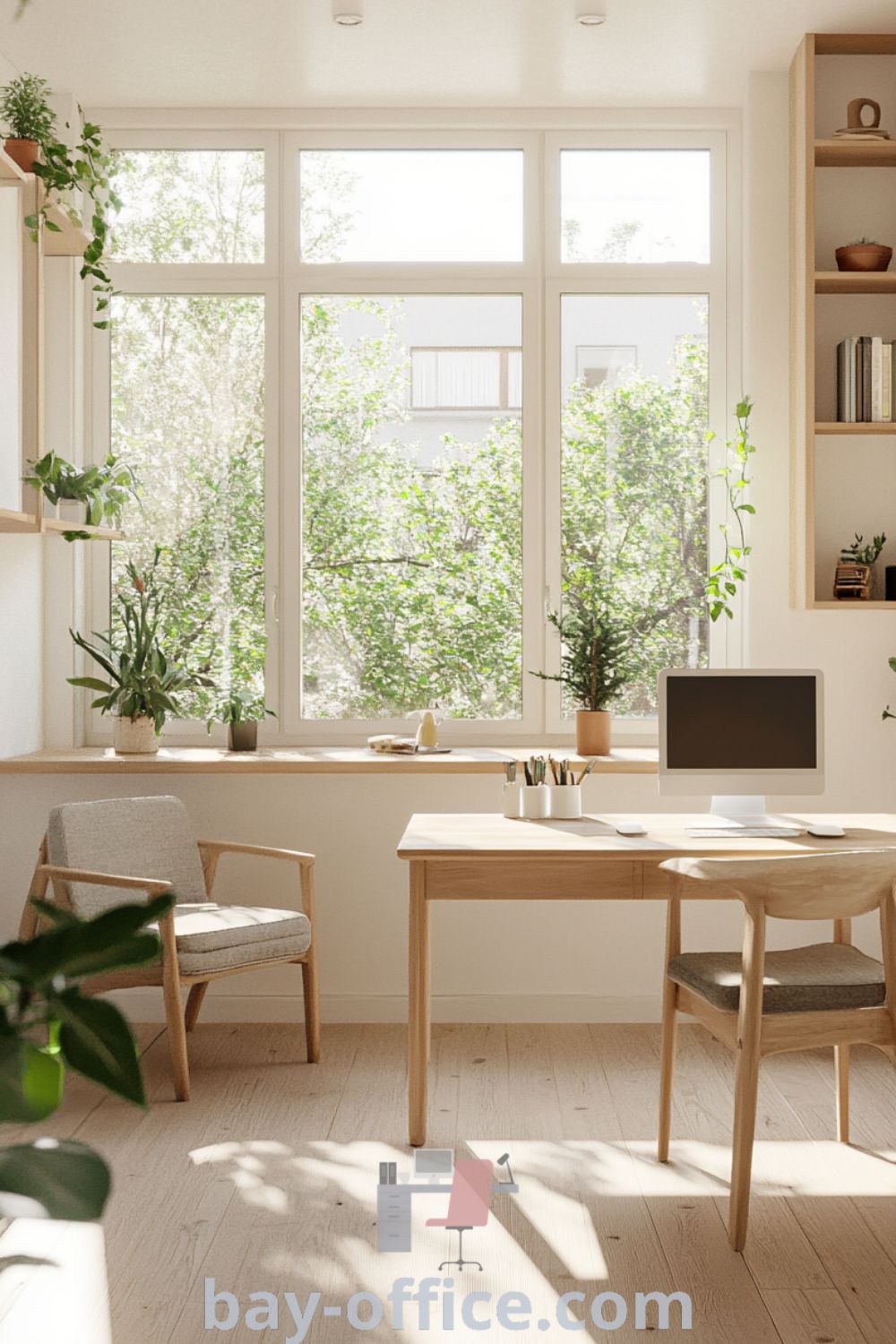 Scandinavian home office featuring white walls, light wood accents, natural wood desk, and potted plants, creating a serene and inviting workspace that inspires productivity and comfort. Explore more decor ideas at bay-office.com.