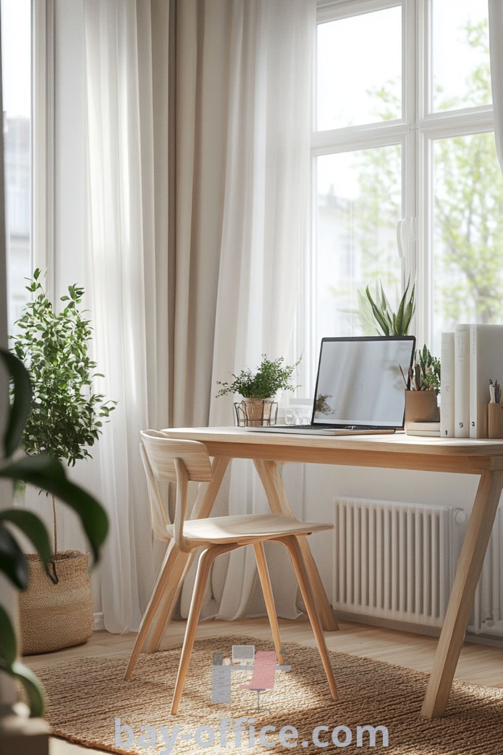 Scandinavian home office featuring white walls, wooden accents, a sturdy desk by a large window, and natural elements such as plants and a woven rug. This inspiring design promotes productivity while maintaining a cozy aesthetic. Discover more cozy decor ideas at bay-office.com.