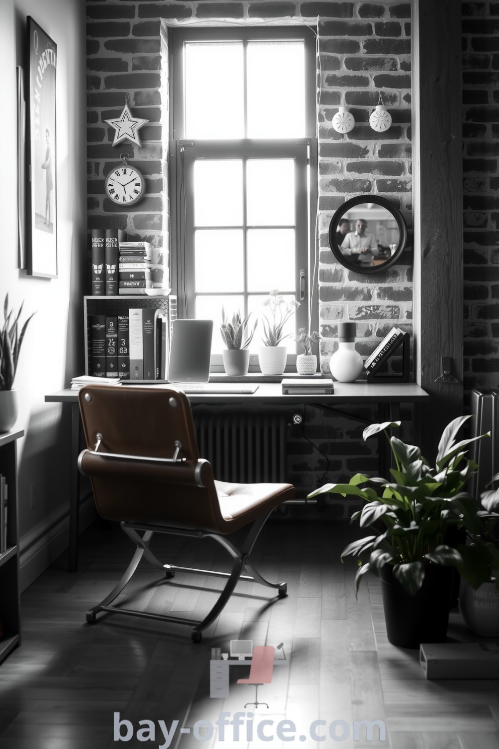 Cozy industrial home office featuring exposed brick walls, reclaimed wood accents, a metal desk, and potted plants, creating an inspiring workspace perfect for productivity. Discover more ideas at bay-office.com.