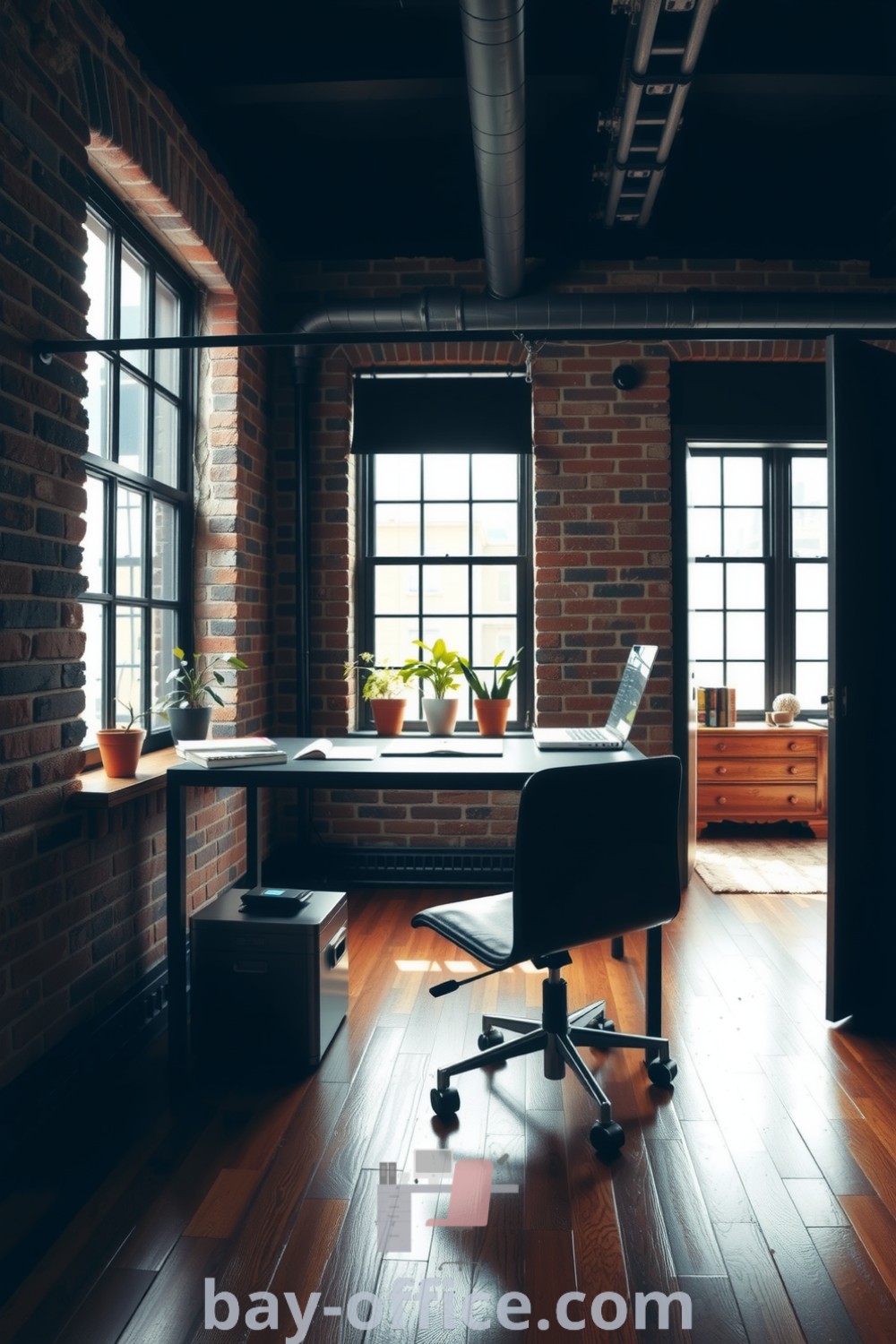 Cozy loft office featuring exposed brick walls, a minimalist black metal desk, vintage leather chair, and large industrial windows for natural light. Decor ideas include plants and scattered books, perfect for inspiring productivity at home. Discover more at bay-office.com.