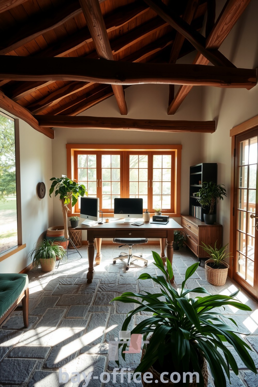 Cozy home office featuring rustic wooden beams, soft earthy walls, and a view of swaying trees. This serene workspace invites creativity and productivity, showcasing design trends that inspire a calm working environment. Discover more inspiring decor ideas for small spaces at bay-office.com.