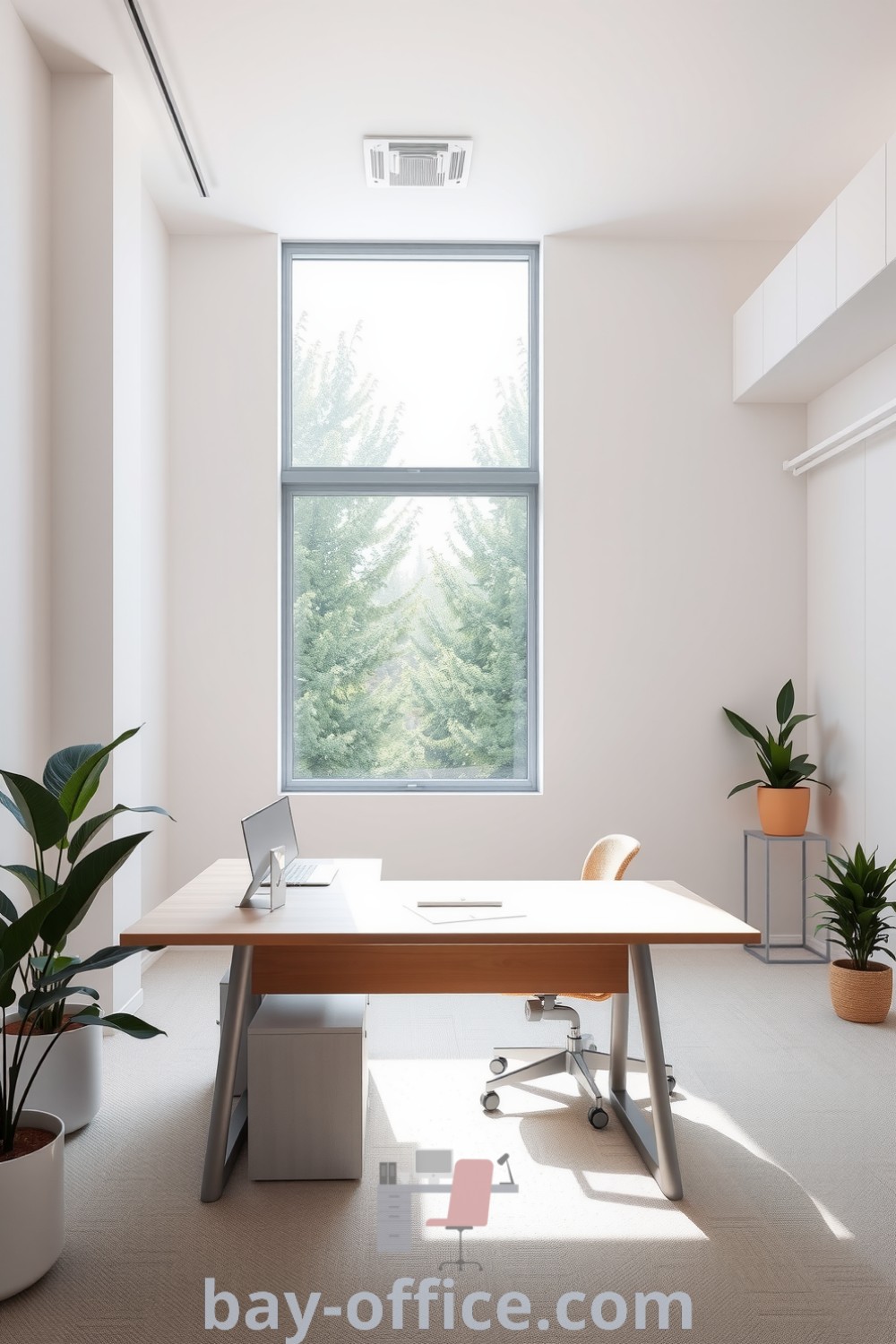 Minimalist corporate office featuring soft white walls, light wood desk, large windows with natural light, and potted plants for a cozy aesthetic. This inspiring setup promotes productivity and comfort. Discover design tips at bay-office.com.