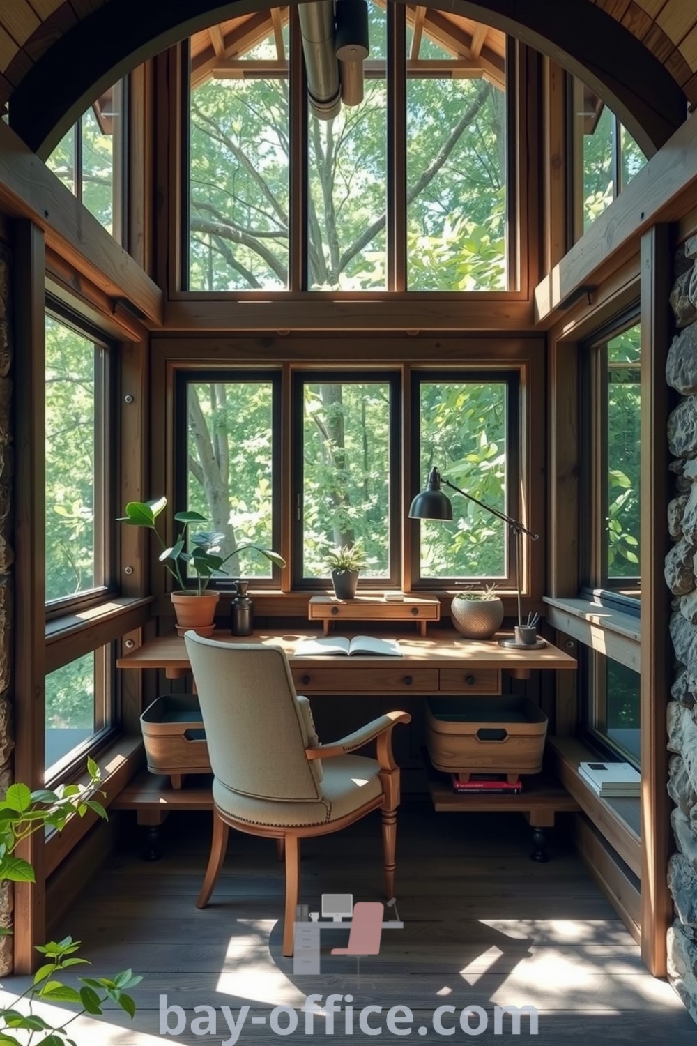 Cozy nature home office featuring weathered wood, stone accents, and large windows with lush greenery, designed to inspire productivity and relaxation. It embodies design trends that promote a calming aesthetic and creative workspace. Discover more inspiring ideas at bay-office.com.