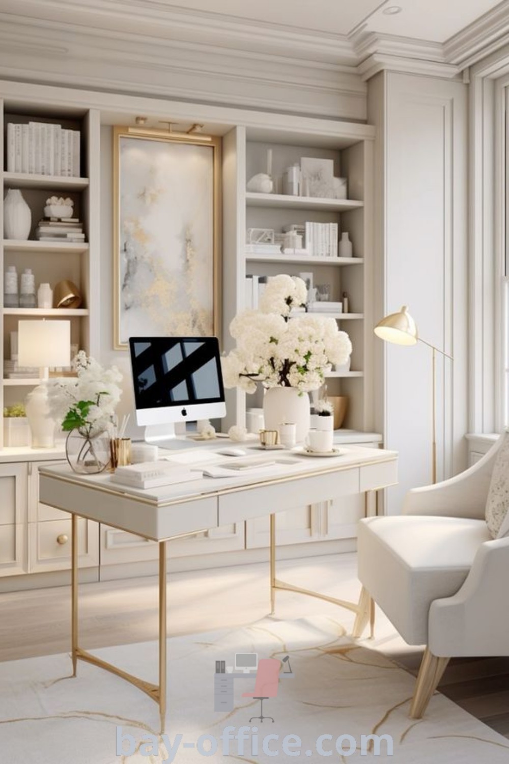 Home office featuring white furniture and floral decor, showcasing modern chic style and feminine touches. Perfect for inspiration on creating stylish and functional spaces that enhance productivity. Explore design tips and decor ideas at bay-office.com.