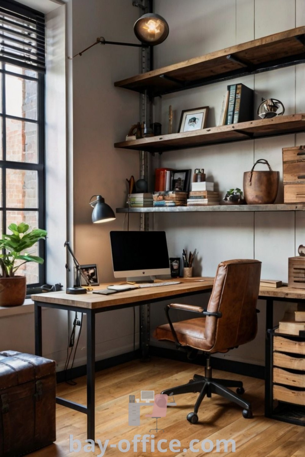 Cozy home office showcasing a wooden shelving unit, a leather chair, and a desk in front of a large window. This inspiring workspace decor offers design tips for maximizing productivity and comfort while working from home. Explore more ideas that will inspire creativity at bay-office.com.
