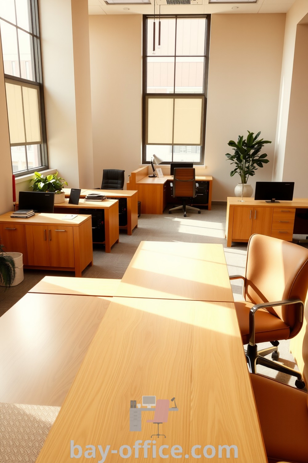 Minimalist corporate office featuring soft beige tones, wooden desks, faux-leather chairs, and greenery, designed to inspire productivity and collaboration. Ideal for creating a warm, inviting workspace that enhances focus. Discover more design ideas at bay-office.com.
