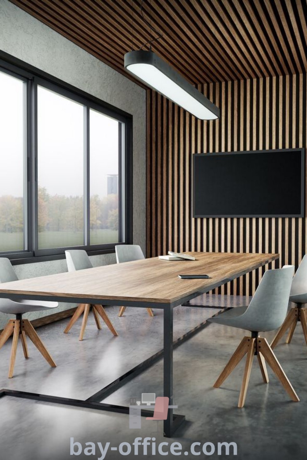 Empty conference room with a wooden table and chairs in front of a large window, showcasing contemporary office design and ideas that inspire productivity. Explore more design tips and trends at bay-office.com.