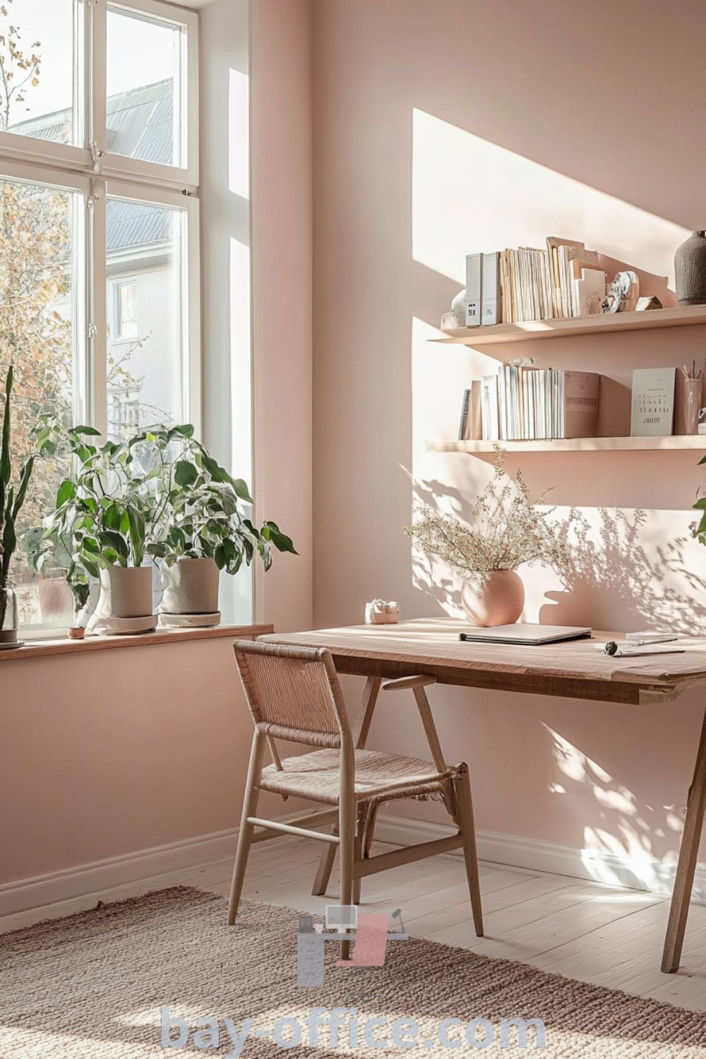 Scandinavian home office featuring soft pink walls, natural wood furniture, large windows, and plants. This cozy aesthetic blends style and comfort, offering decor ideas for small spaces that inspire productivity. Discover inspiring designs at bay-office.com.