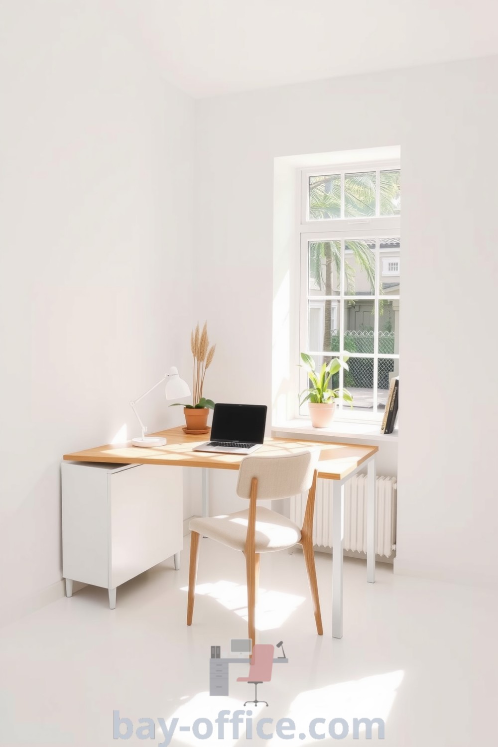Cozy minimalist home office featuring soft matte walls, a wooden desk, a comfortable chair, and a potted plant, designed to inspire productivity and tranquility. Discover more design tips at bay-office.com.