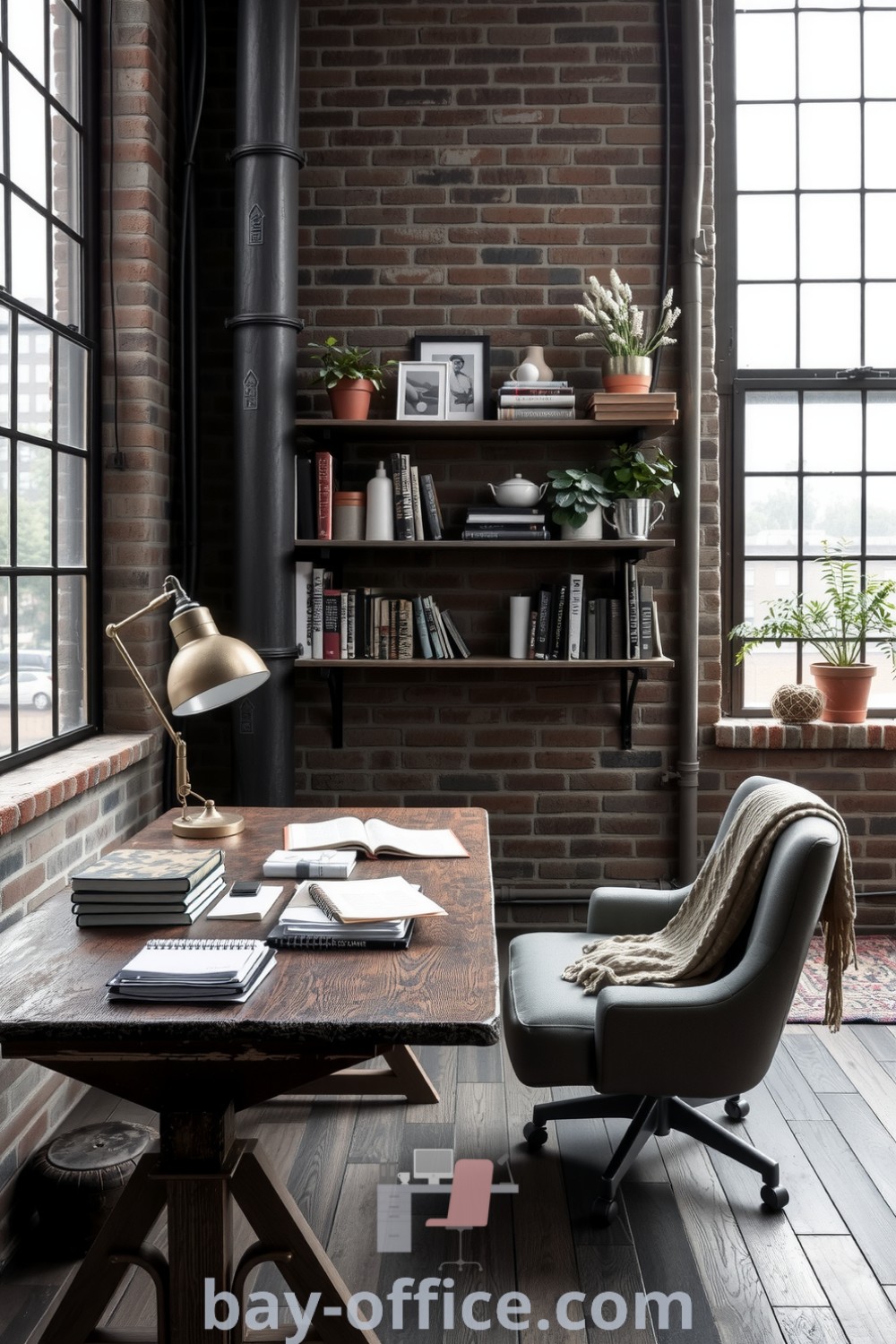 Cozy industrial-style home office featuring exposed brick walls, steel-framed windows, a wooden desk, inviting armchair, and plants. This design provides a creative and inspiring atmosphere for working from home. Explore more ideas that inspire productivity at bay-office.com.