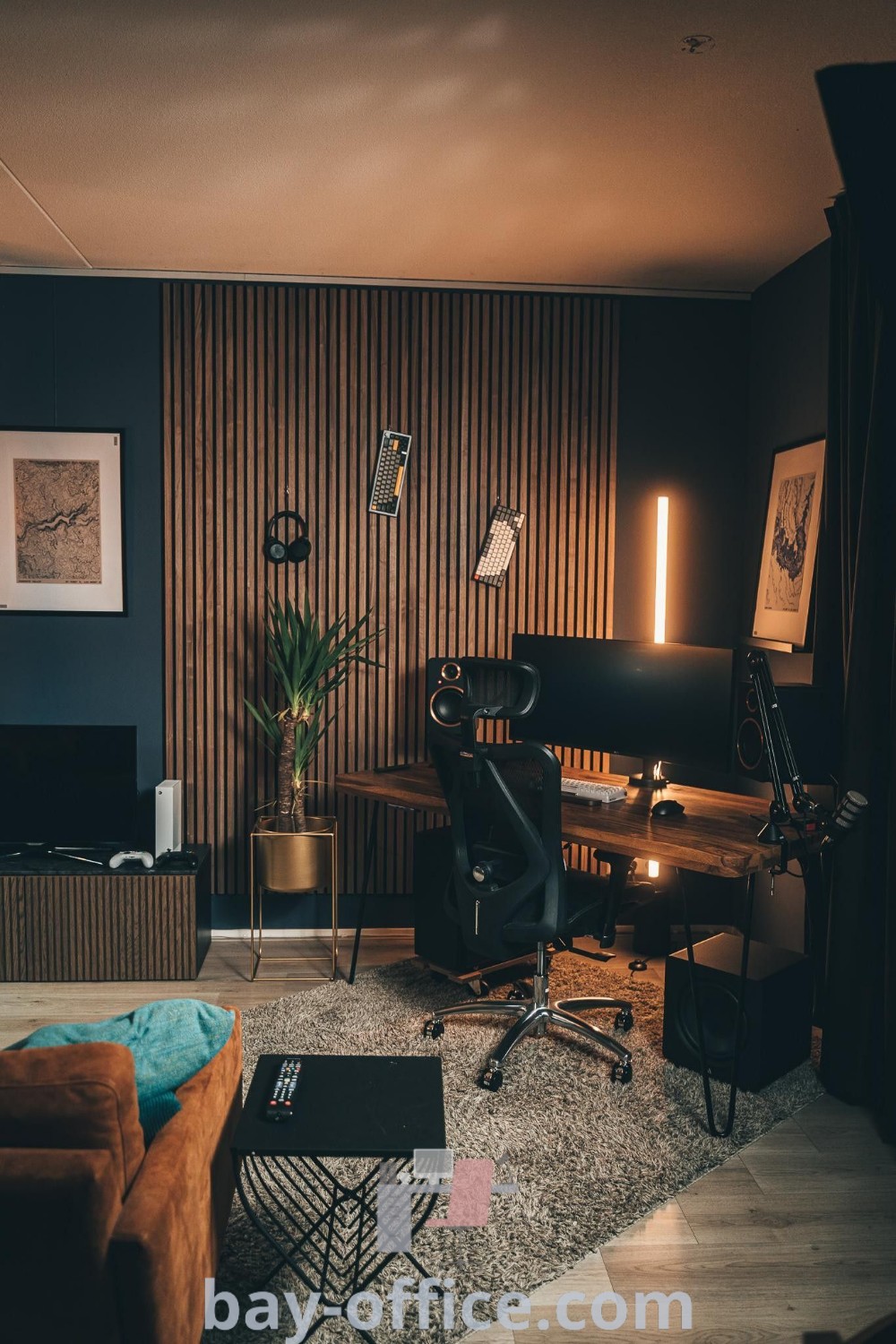 Stylish music studio room designed for productivity and comfort, featuring cozy decor and functional elements for podcast and home music rooms. Explore design tips and inspiring ideas at bay-office.com.