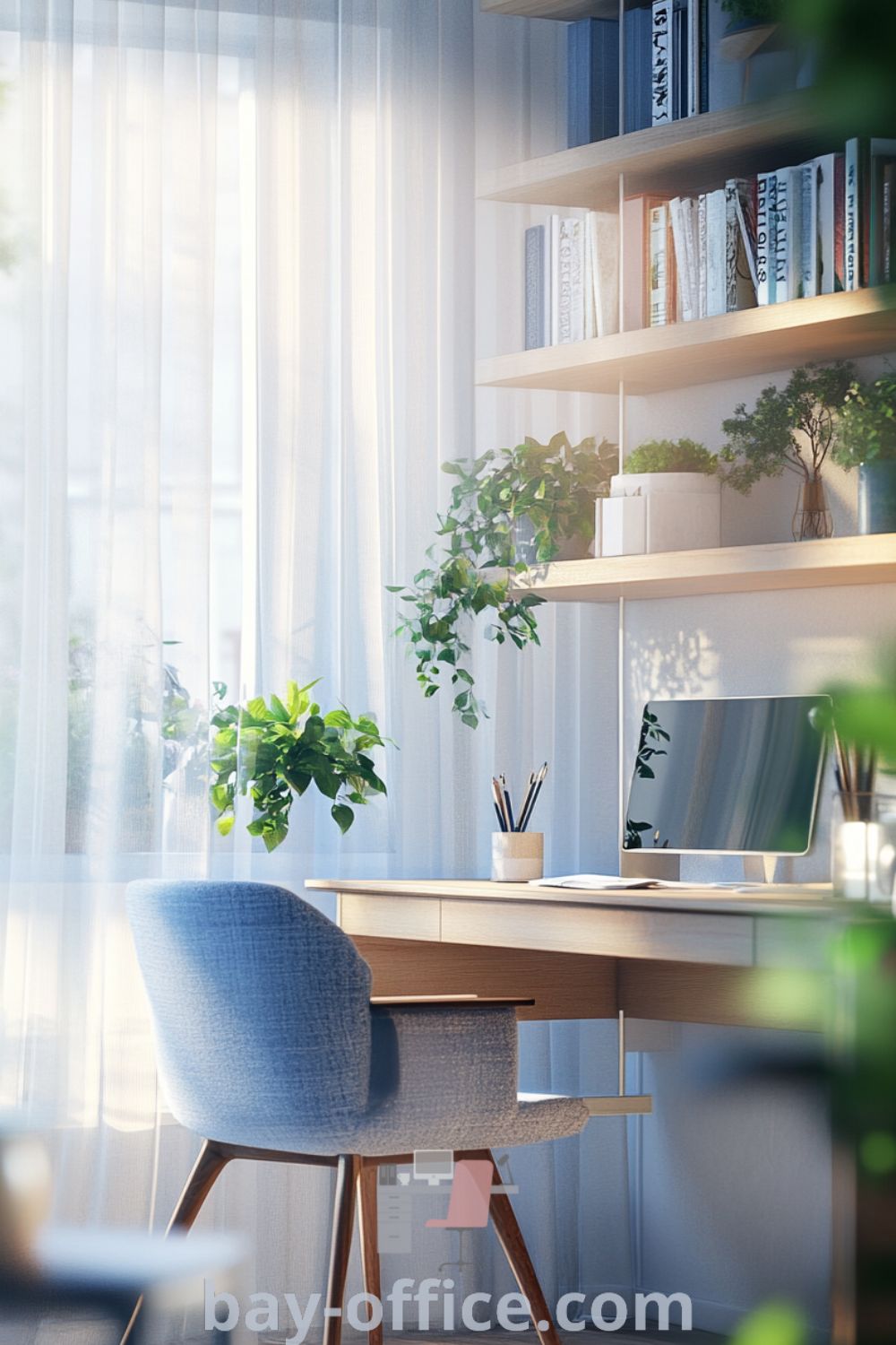 Scandinavian home office with sunlight filtering through sheer curtains, warm wooden desk, soft blue accents, comfortable chair, shelves of books and potted plants, creating a cozy and inspiring workspace. Discover more design tips at bay-office.com.