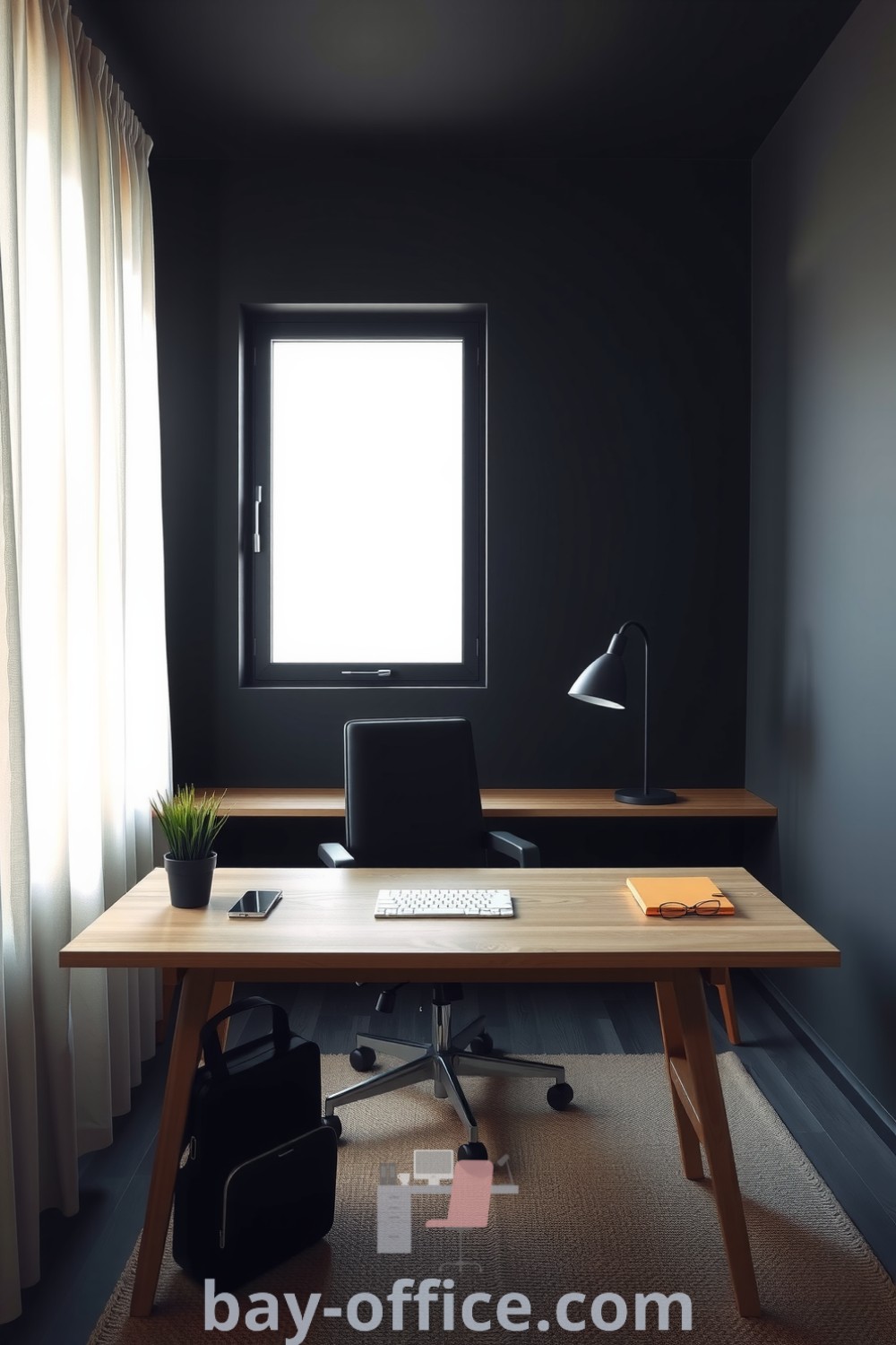 Minimalist home office featuring a sleek wooden desk, an ergonomic chair, and natural light through sheer curtains, complemented by a small potted plant and cozy textures. Perfect for inspiring productivity and focus, discover more design ideas at bay-office.com.
