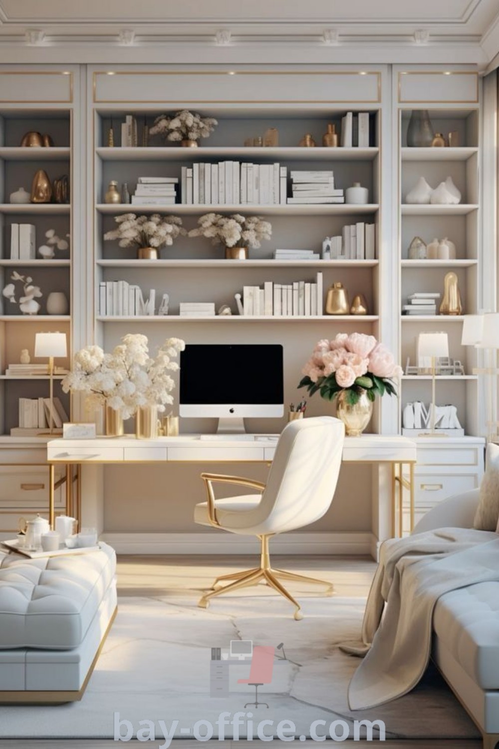 Elegant home office with white furniture, flowers on the desk, and cozy aesthetic. Perfect for inspiring productivity and creating a beautiful workspace at home. Discover more decor ideas for small spaces at bay-office.com.