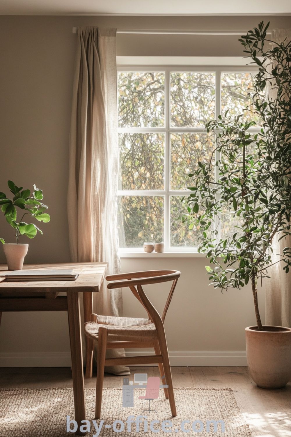 Scandinavian home office featuring soft beige walls, a handcrafted wooden desk, cozy armchair, and potted greenery, designed to inspire productivity and creativity. Perfect for creating a serene workspace. Find more ideas at bay-office.com.