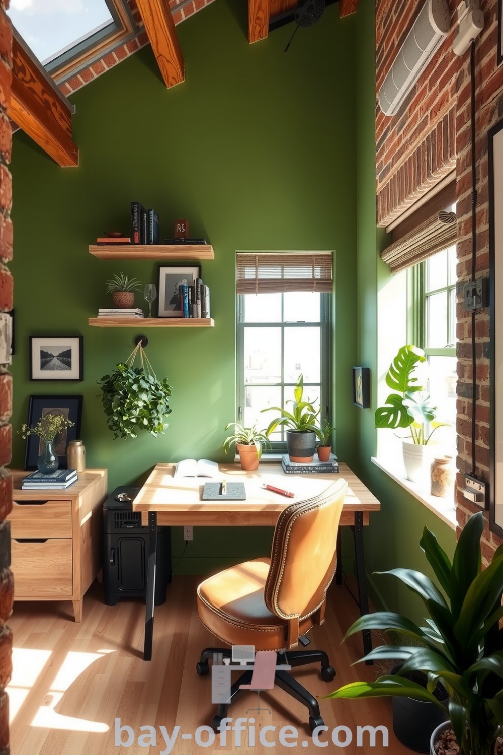 Cozy loft home office featuring green accent walls, exposed brick, reclaimed wood desk, and leather chair under natural light. A perfect blend of style and functionality, designed to inspire productivity and creativity. Explore ideas at bay-office.com.