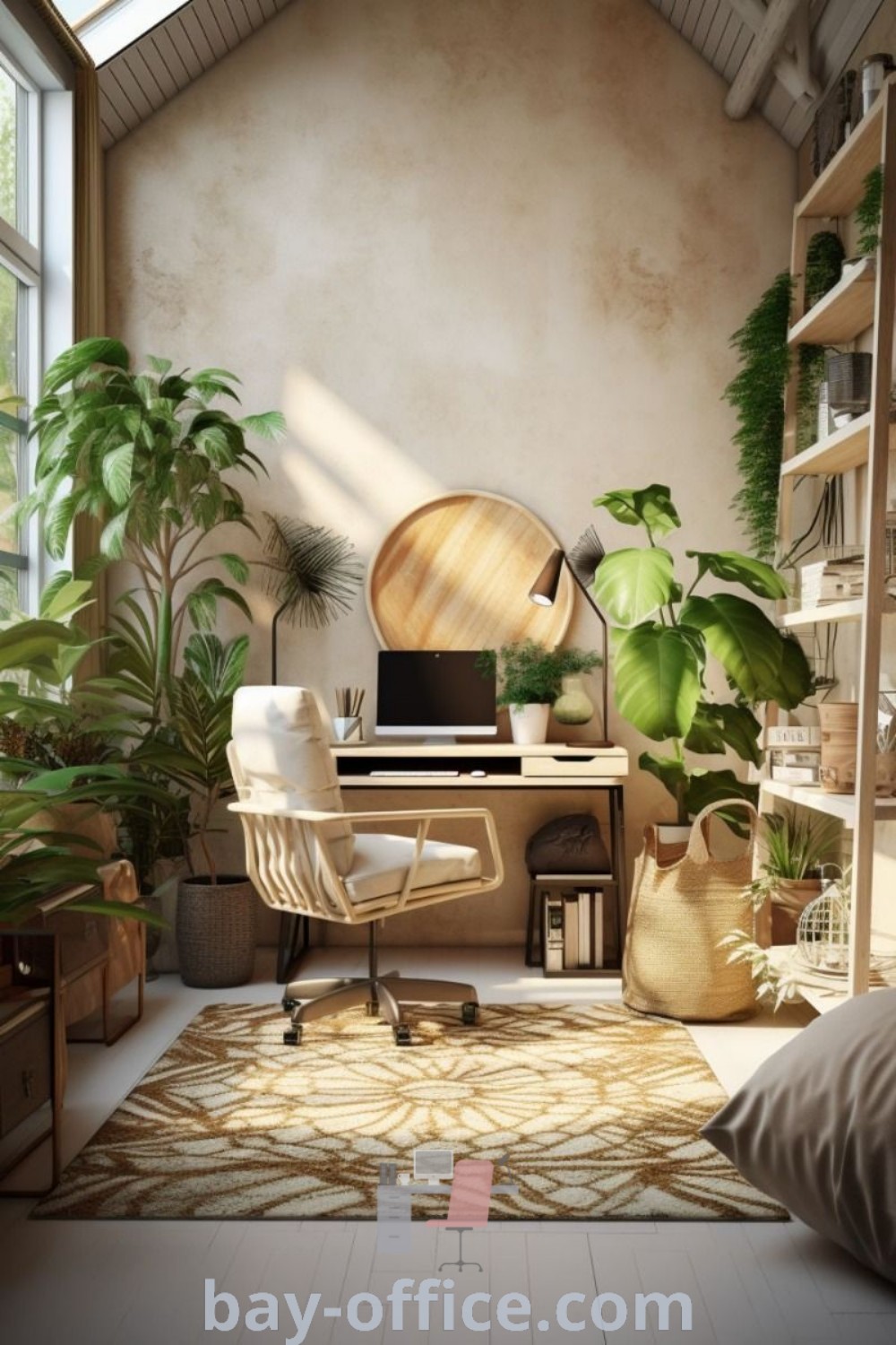 Urban industrial office with plants, computer on desk, and cozy decor ideas that inspire productivity. Discover more about creating an ideal workspace at bay-office.com.
