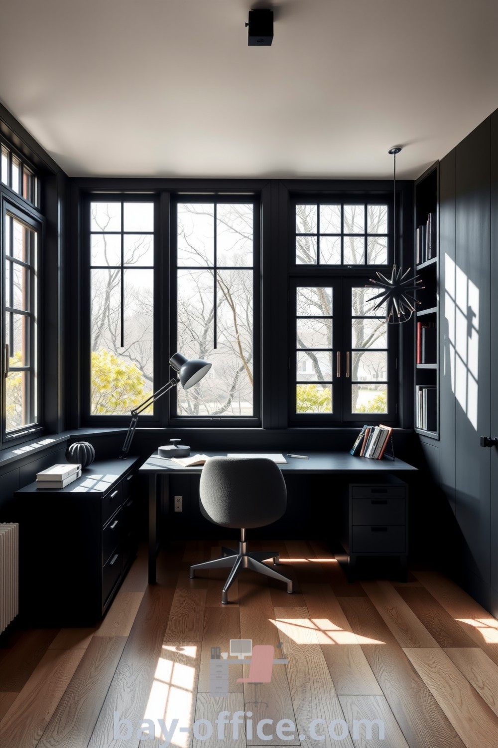Minimalist home office featuring a matte black desk, light wood flooring, and large windows that create an airy feel. The design inspires productivity and calm, perfect for working from home. Explore more cozy decor ideas at bay-office.com.