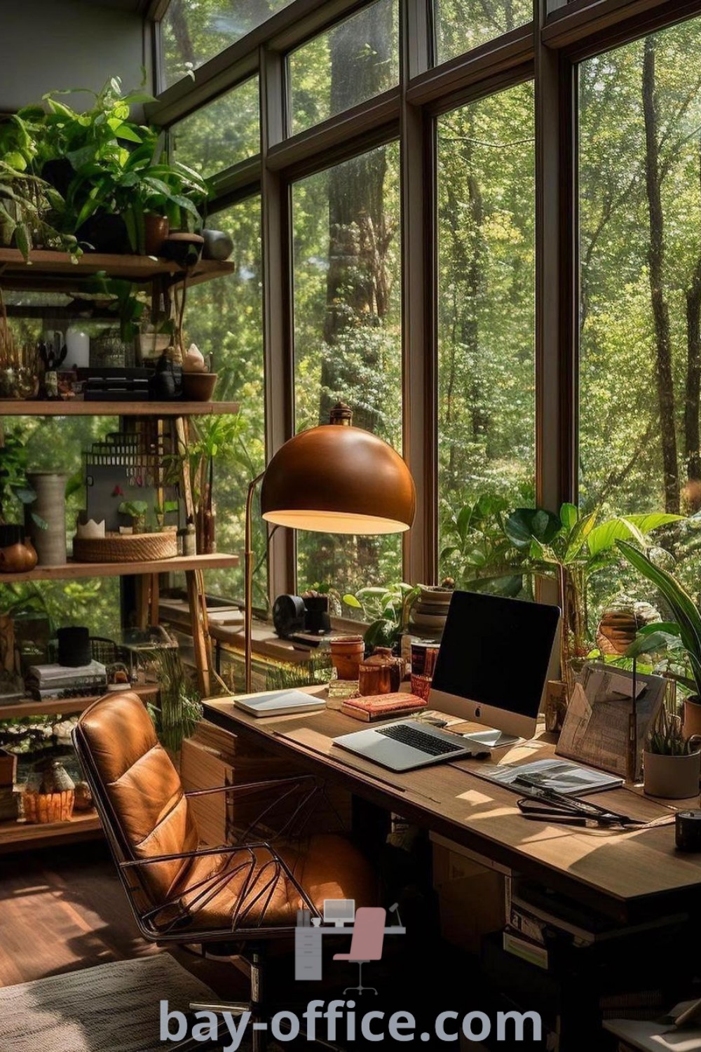 Home office filled with lots of plants, featuring cozy decor ideas for small spaces and inspiring design tips that enhance productivity. Discover how to create a dream office at bay-office.com.