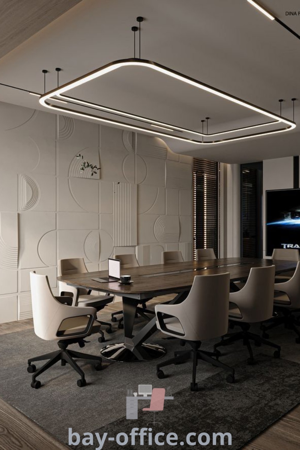 Modern conference room with a large table and chairs, designed for functionality and aesthetics, featuring recessed lighting and Scandinavian decor elements. Explore ideas for a cozy, inspiring office space at bay-office.com.