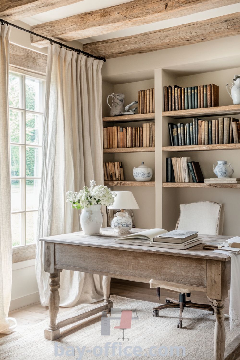 Cozy French country home office with weathered wooden beams, an oak desk under a sunlit window, and antique decor, creating an inviting atmosphere for productivity and creativity. Ideas you