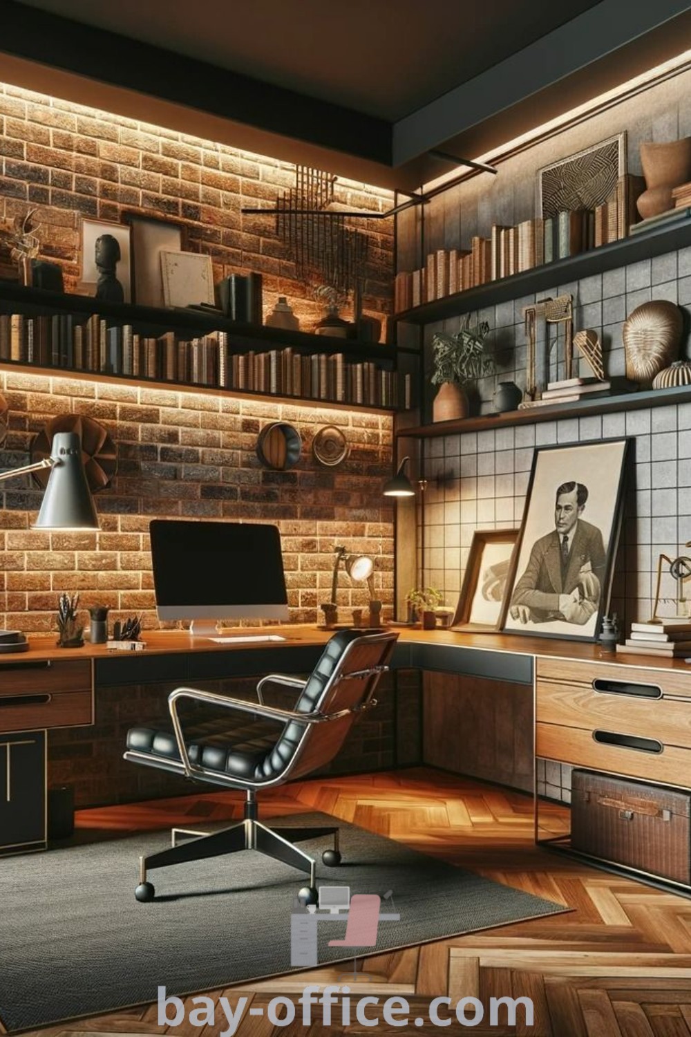 Office featuring brick wall paper, built-in shelving, and wooden floors, showcasing cozy design tips and ideas that will inspire productivity. Discover more home office design trends at bay-office.com.