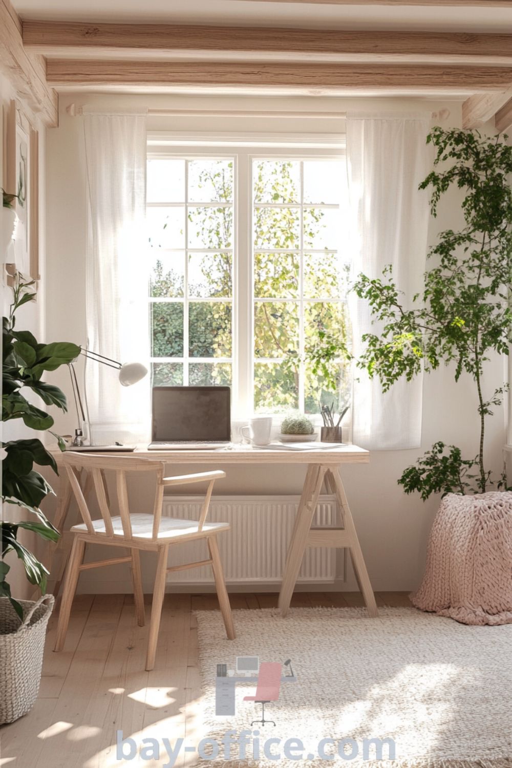 Scandinavian home office with soft pink accents, light wooden furniture, exposed beams, large windows, and cozy decor elements, designed to inspire productivity and creativity. Find more ideas at bay-office.com.