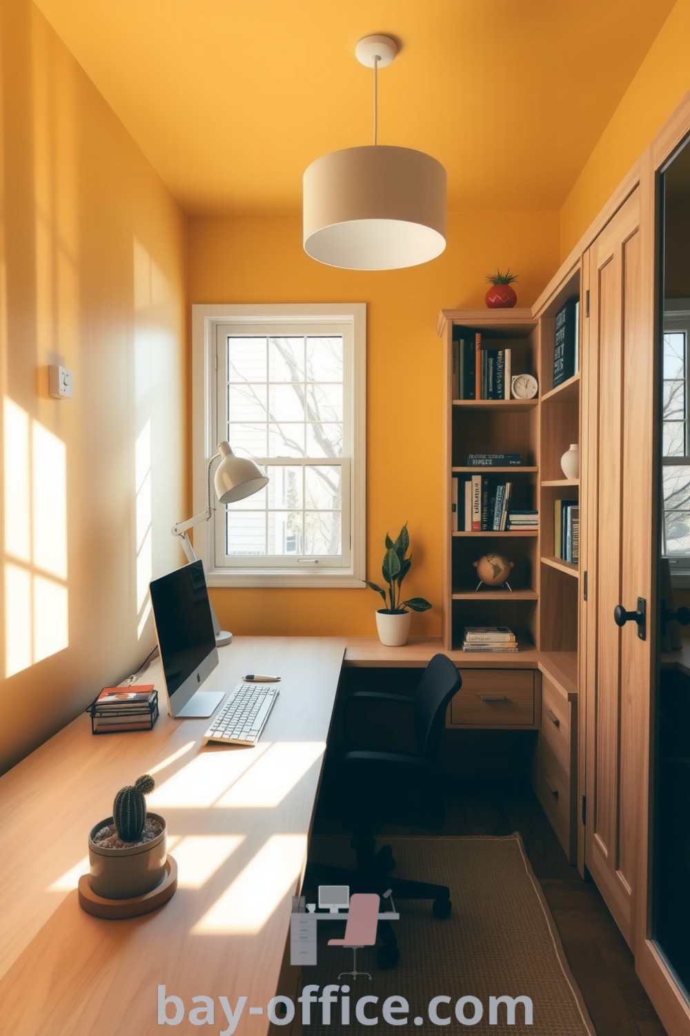 Minimalist home office with warm yellow walls, natural wood furniture, and sunlight filtering through large windows, creating a cozy and inviting atmosphere. Ideal for productivity and creativity with simple decor accents. Discover more cozy design tips at bay-office.com.