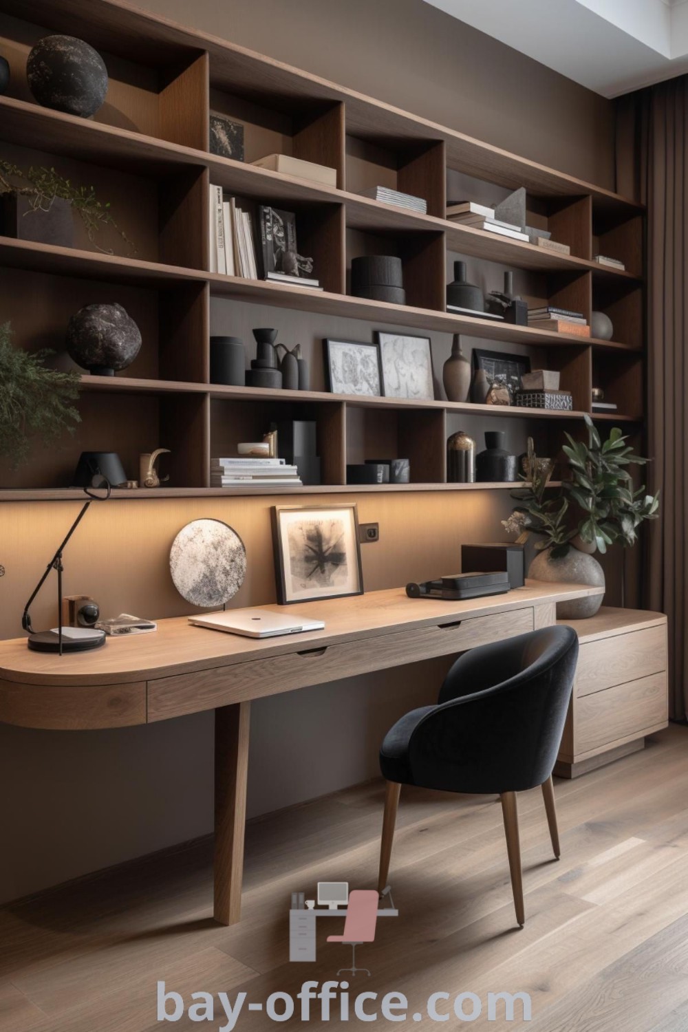 Modern minimalist home office with wooden shelves, black chairs, and a potted plant. Discover inspiring home study ideas, design tips, and decor ideas for small spaces at bay-office.com.