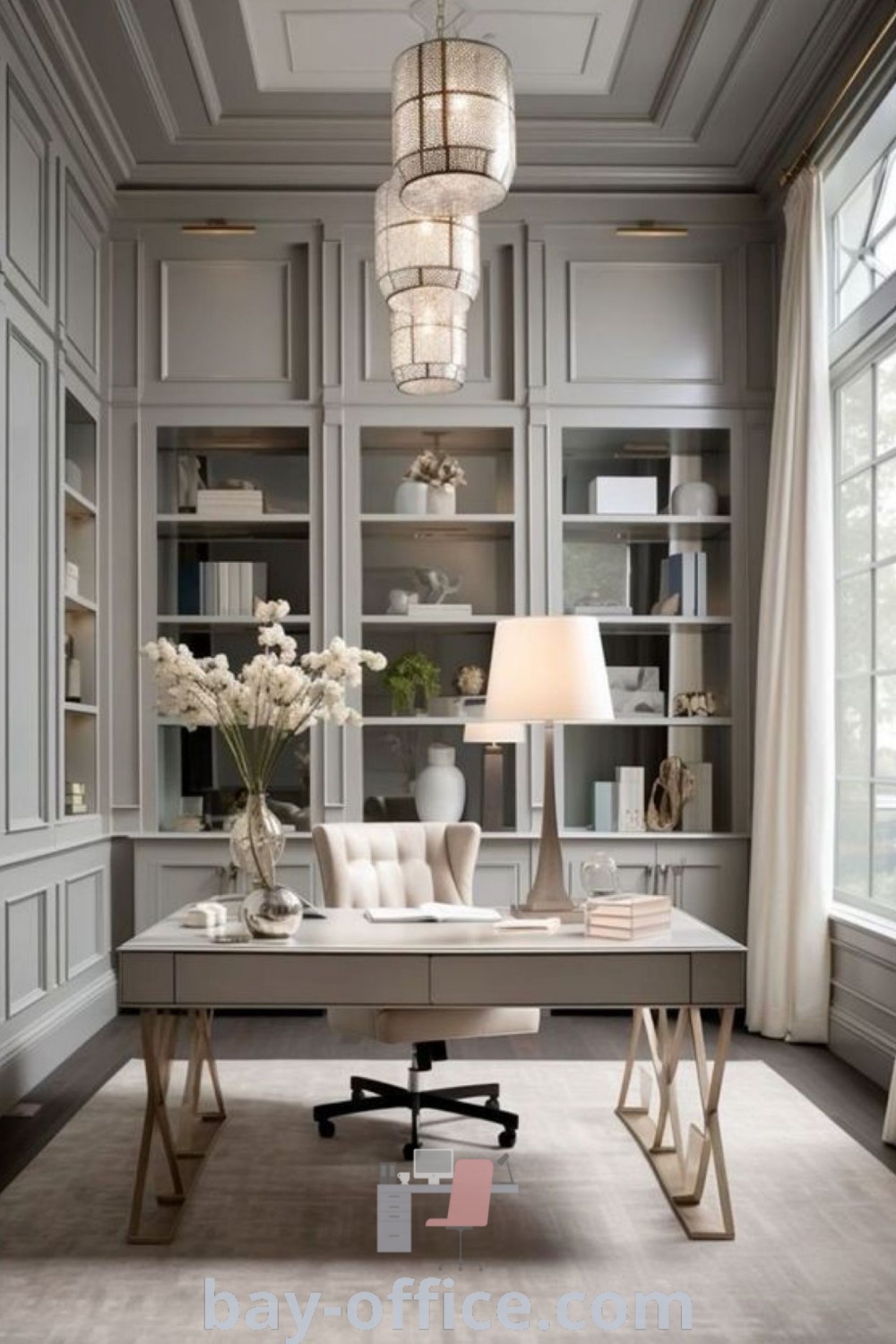 Elegant home office with gray walls, white furniture, and chandelier, showcasing French office decor and modern classic style. Ideal for creating a cozy aesthetic and productivity-enhancing atmosphere for your home library study. Explore more decor ideas for small spaces at bay-office.com.