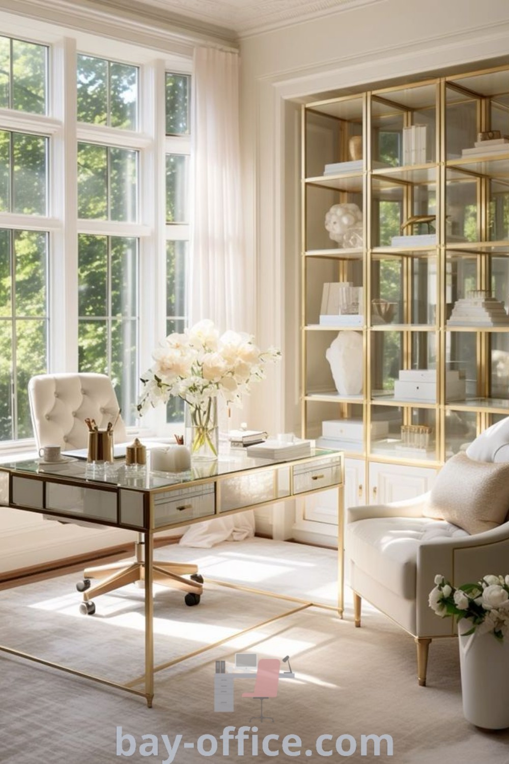 Elegant feminine home office setup in a cozy living room nook featuring beautiful wall decor and functional workspace design ideas. Perfect for maximizing productivity and comfort while working from home. Get inspired with ideas you