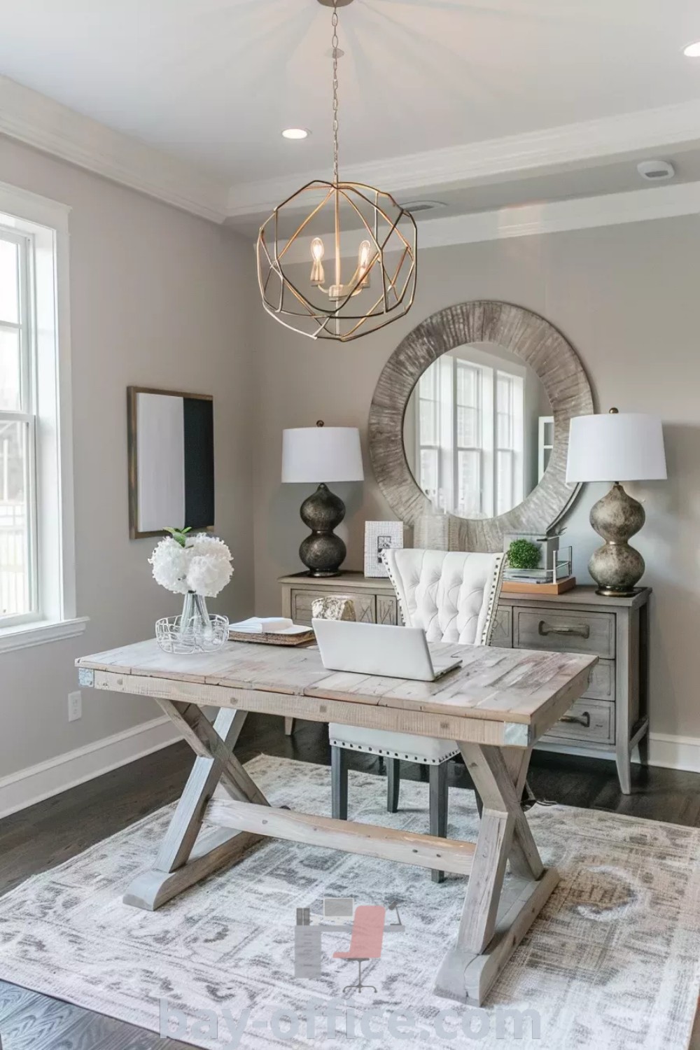 A feminine game room with a dining room table and laptop in front of a stylish mirror, showcasing modern glam and farmhouse office decor ideas for an inspiring and cozy workspace. Discover the best design tips and cozy aesthetic decor ideas for your home office at bay-office.com.