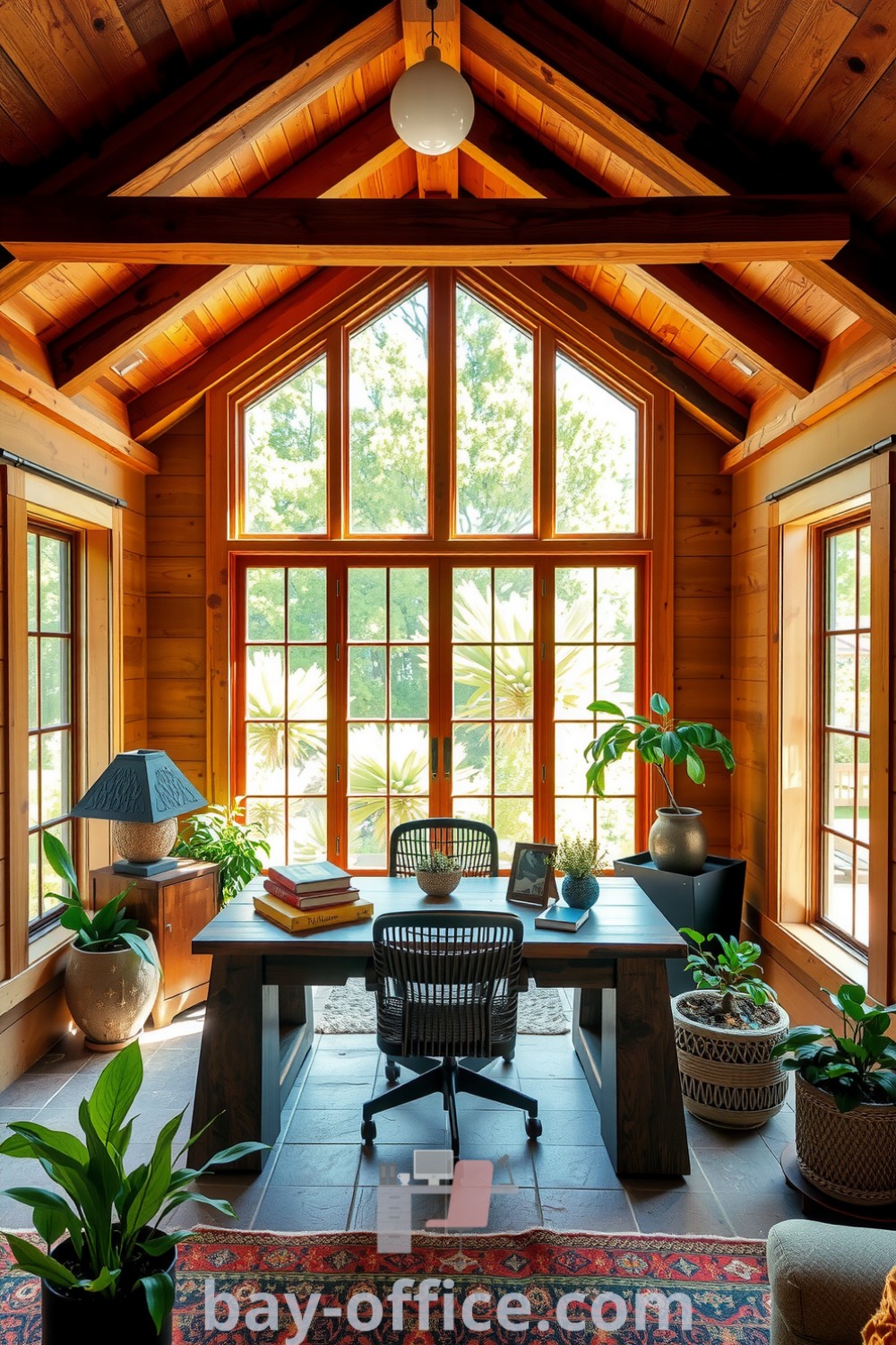 Nature-inspired home office featuring warm wooden beams, a rustic reclaimed wood desk, large windows with garden views, and potted plants, creating a tranquil and productive workspace. Discover more inspiring decor ideas for home offices at bay-office.com.