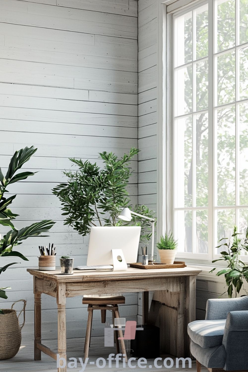 Scandinavian home office featuring soft blue accents, natural light, a weathered wooden desk, and cozy armchair, designed for inspiration and productivity. Perfect cozy aesthetic for work or reflection. Explore more ideas at bay-office.com.