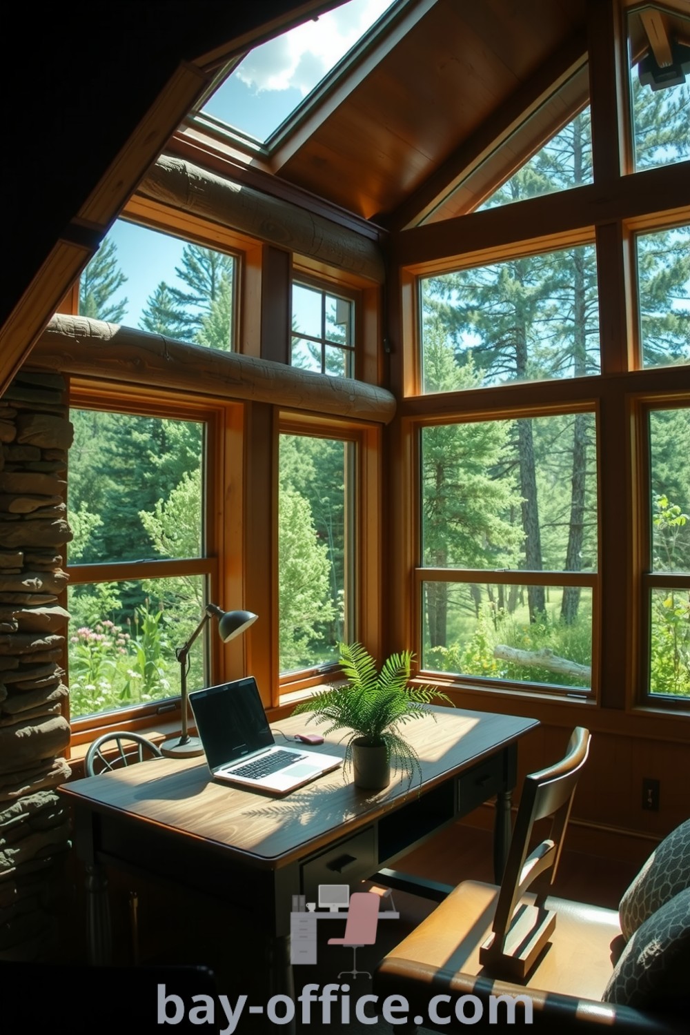 Cozy home office with reclaimed wood beams, stone accent wall, and large windows showcasing trees, designed for inspiration and productivity. Ideal for small spaces, emphasizing a connection to nature. Discover more ideas at bay-office.com.