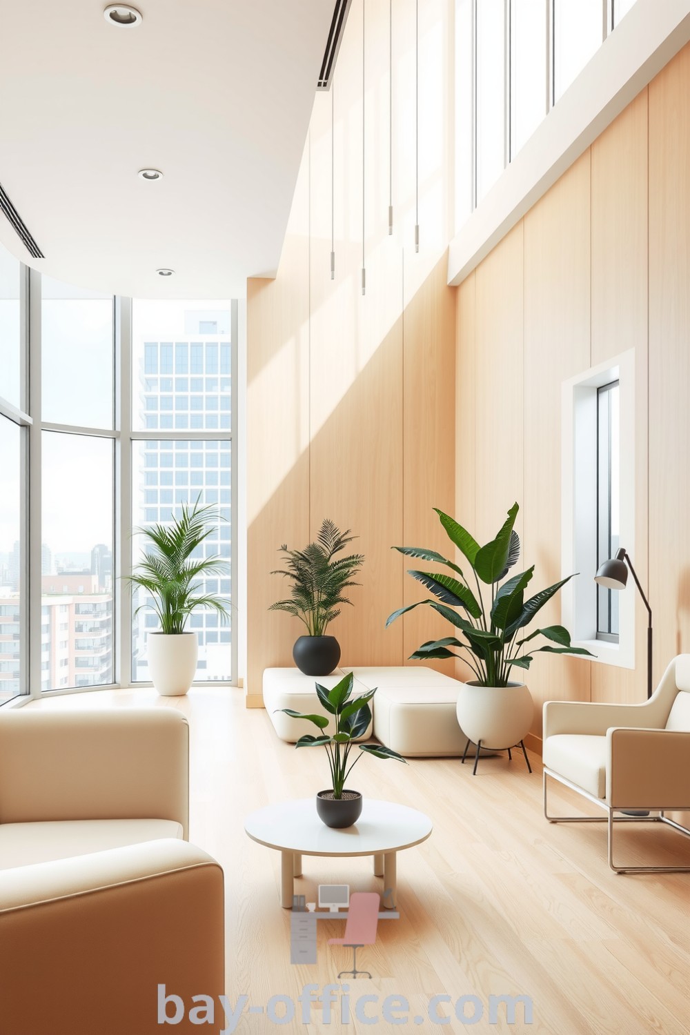 Minimalist corporate office bathed in soft yellow light, featuring light wood surfaces, sleek neutral furniture, and potted plants, designed to inspire productivity and tranquility. Discover more design tips at bay-office.com.