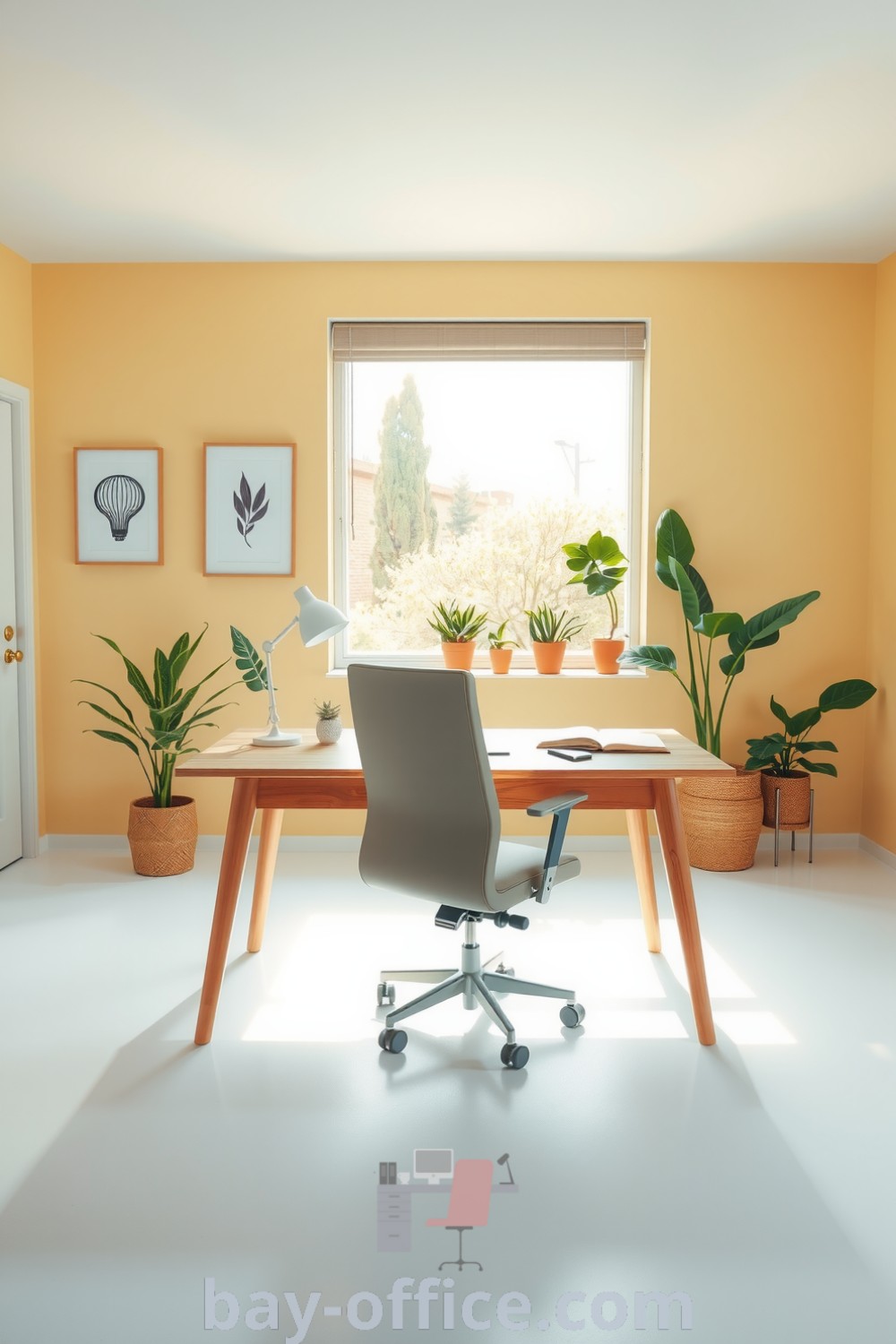 Minimalist home office bathed in soft yellow light, featuring a wooden desk, ergonomic chair, large window, and potted plants, designed to inspire productivity and creativity. Discover more inspiring decor ideas for your space at bay-office.com.