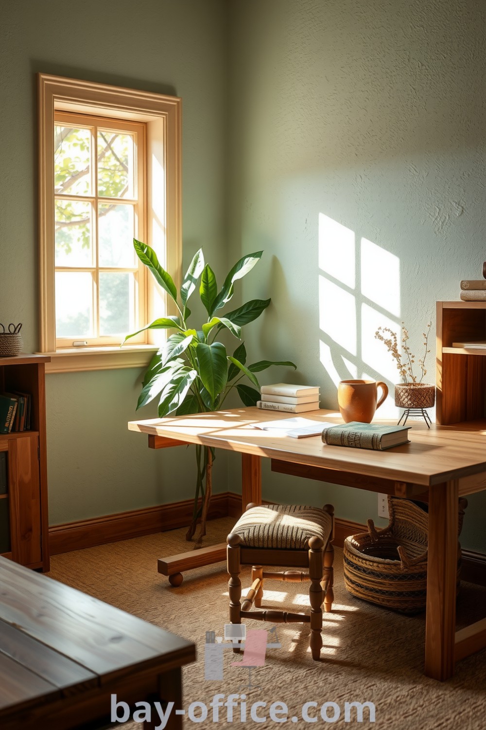 Cozy nature-inspired home office with reclaimed wood furniture, leafy plants, and sunlight filtering through the window, designed to enhance productivity and creativity. Explore design trends and decorating ideas at bay-office.com.
