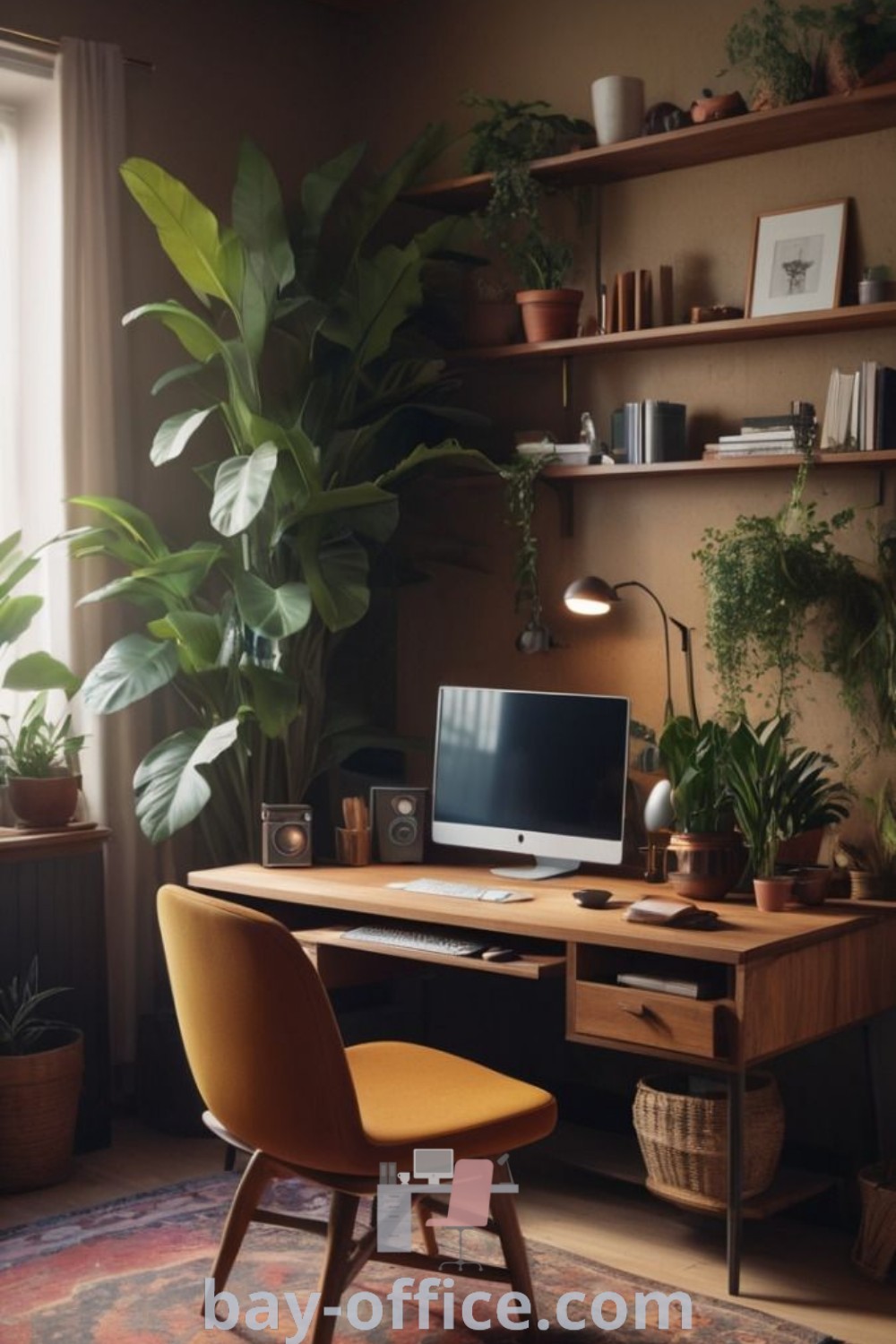 Cozy small office with two desks, plants, and warm decor ideas that inspire productivity and creativity. Explore small bedroom with office ideas and inspiring setups at bay-office.com.