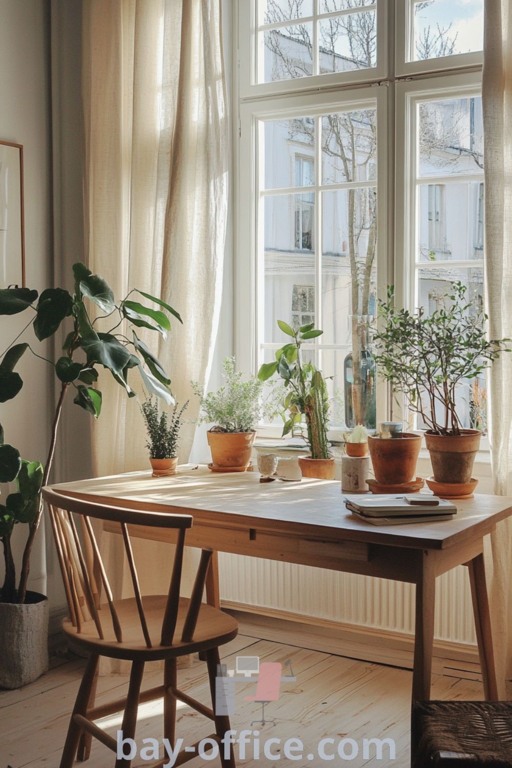 Cozy Scandinavian home office featuring off-white walls, a light wooden desk, mismatched vintage chairs, potted plants, and a soft area rug; designed for productivity and inspiration. Discover more ideas at bay-office.com.