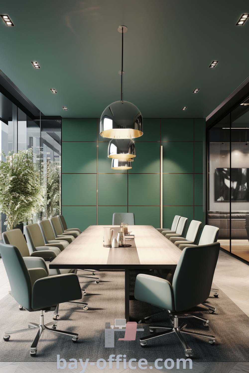 Large conference table with chairs in a stylish executive meeting room featuring glass walls and floor-to-ceiling windows, perfect for a productive office building interior design. Explore more decor ideas for inspiring productivity at bay-office.com.