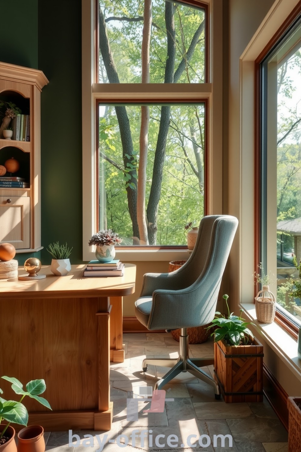 Nature-inspired home office featuring a wooden desk, cozy fabric chair, and potted plants beside a large window, creating a tranquil and inspiring environment. Perfect for design trends and decor ideas for small spaces. Find more at bay-office.com.