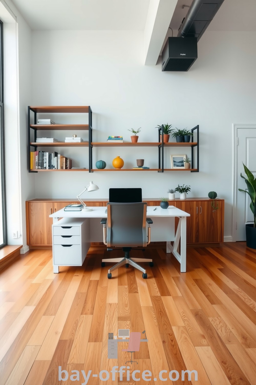 Minimalist corporate office featuring warm hardwood flooring, a simple white desk, ergonomic chair, and plants, designed to create a cozy atmosphere that inspires productivity. Discover more design tips at bay-office.com.