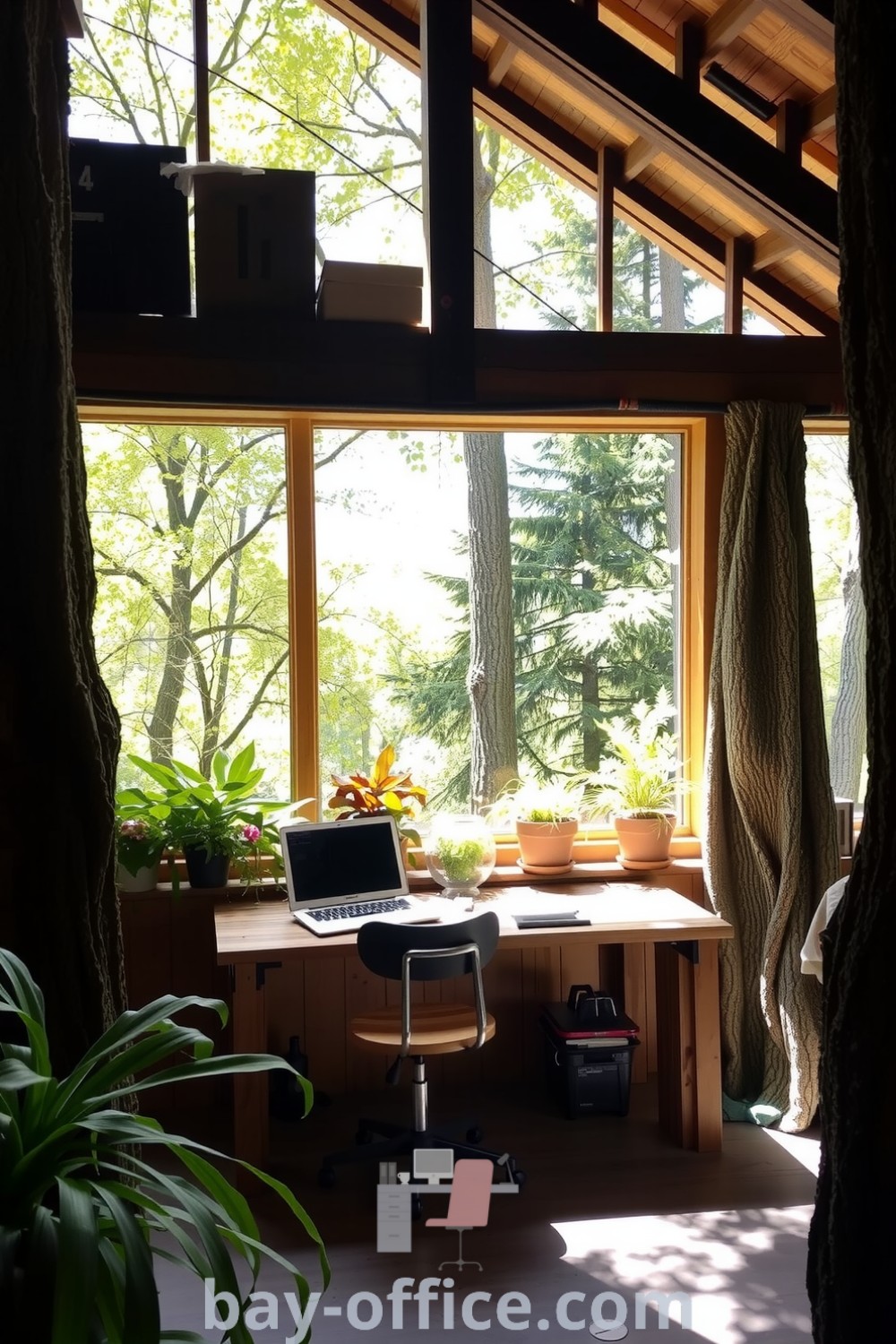 Cozy nature-inspired home office with reclaimed wood furniture, large windows, and potted plants, designed to inspire productivity and tranquility. Discover more design tips and ideas you’ll love at bay-office.com.