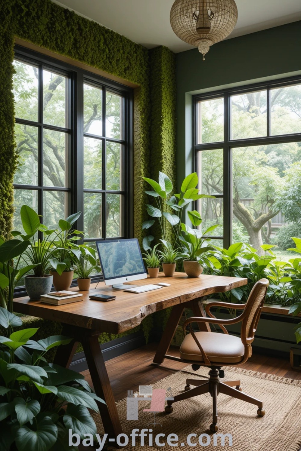 Desk with a laptop in a stylish forest office setting, brightened by two large windows filled with plants. The image showcases home office decor ideas that inspire productivity and comfort, perfect for any house or apartment. Find more inspiration and decorating ideas at bay-office.com.