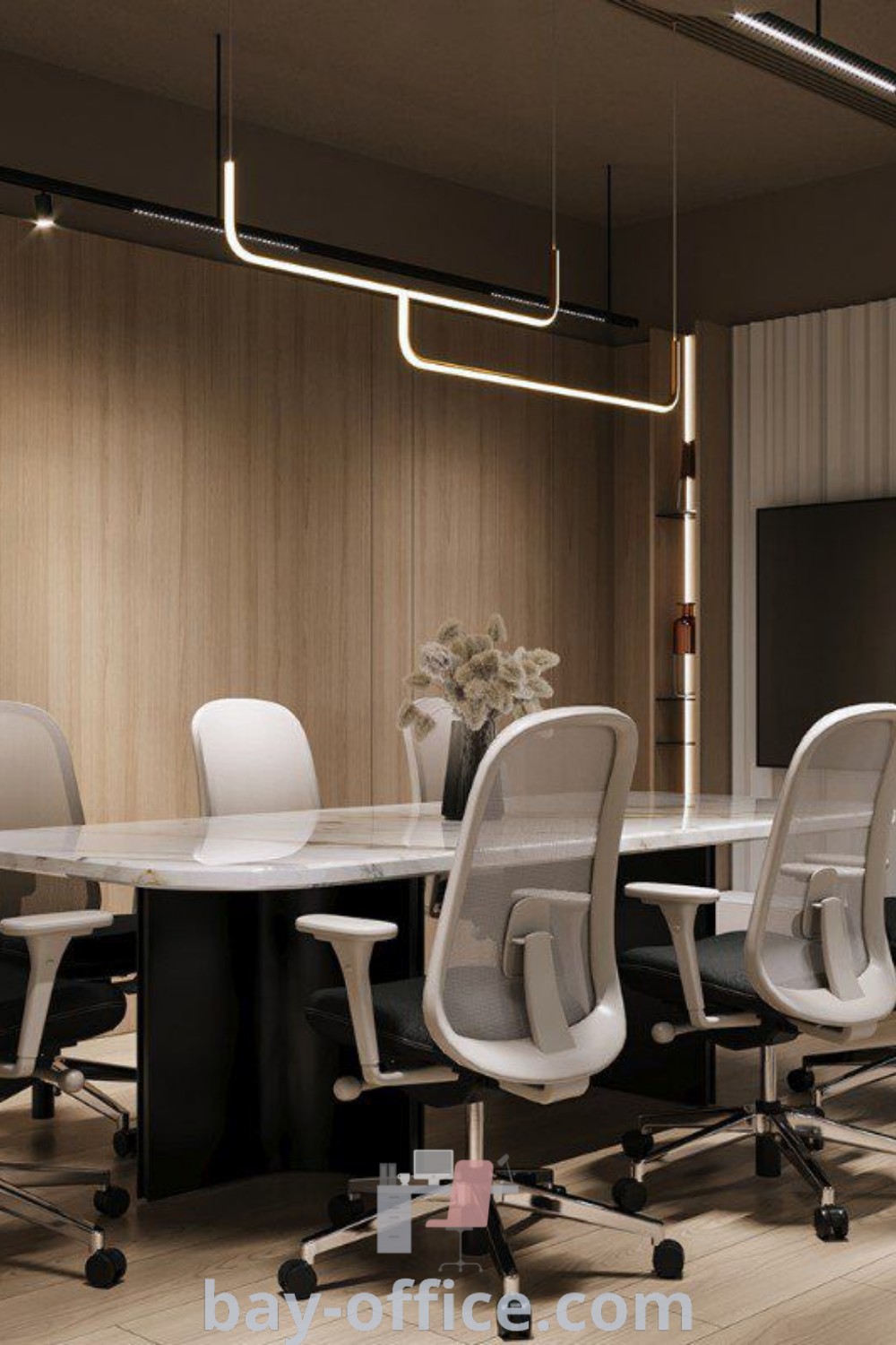Office meeting room with white chairs, a large table, and a flat-screen TV, showcasing inspiring decor ideas for productivity and collaboration. Perfect for house or apartment offices, discover more design tips and cozy aesthetic ideas at bay-office.com.